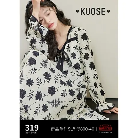 阔色方领黑白碎花蝴蝶结连衣裙2024春季新款女复古木耳边长裙子图片