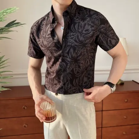 夏季轻奢高级感短袖衬衫男印花通勤休闲风衬衣时尚潮流百搭上衣潮图片