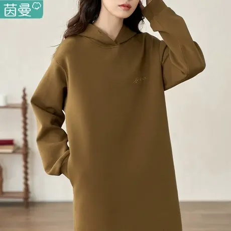 茵曼气质连帽连衣裙女2024新款秋冬季加绒宽松显瘦卫衣长裙子长袖图片