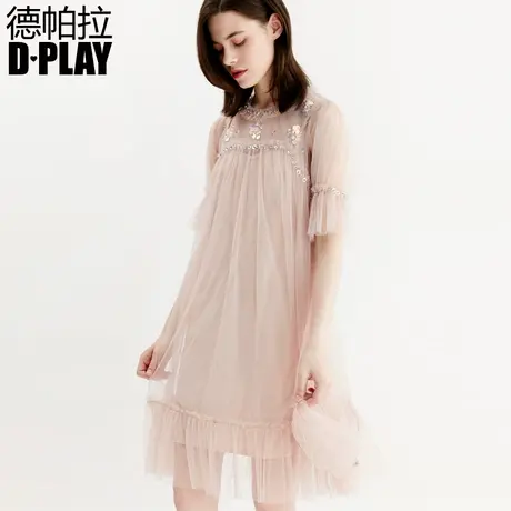 DPLAY德帕拉早春欧美圆领喇叭袖珠片网纱chic仙女连衣裙图片