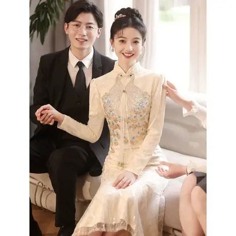敬酒服2023新款新娘高级感秋冬季长袖订婚礼服鱼尾出阁宴旗袍冬天图片