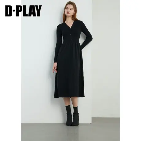 DPLAY春气质优雅经典黑大摆中长款小黑裙内搭打底针织连衣裙图片