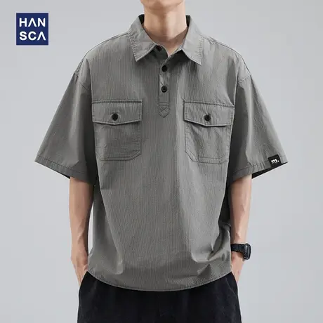 hansca夏季冰丝短袖衬衫男士polo衫薄款美式宽松半袖潮流工装衬衣图片