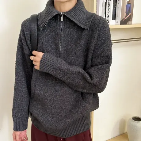 25296新款套头翻领拉链针织纯色套头女上衣百搭通勤慵懒高级图片