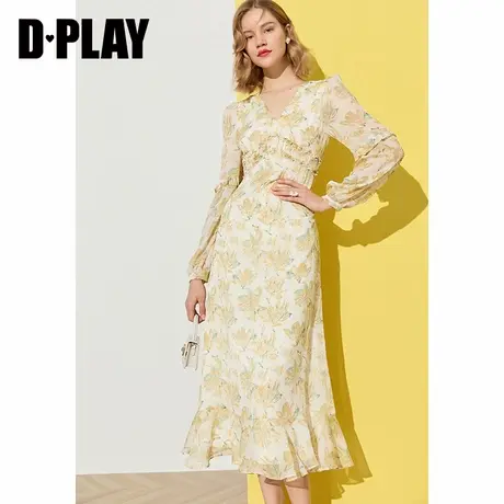 DPLAY夏新款法式复古V领甜美荷叶边长款度假风印花连衣裙图片