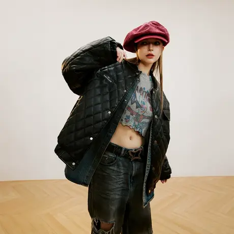 美式复古棒球服棉服女夹棉冬季PU皮外套2023新款潮牌菱格绗棉棉衣图片