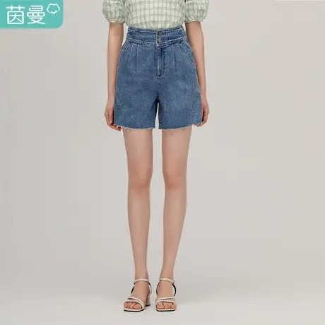 【商场同款】茵曼2023夏装新款高腰洗水牛仔裤女珠片绣花毛边短裤图片