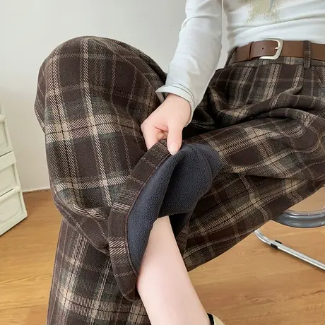 格子裤毛呢阔腿裤女2024新款高腰垂感加绒裤子冬季宽松直筒拖地裤图片