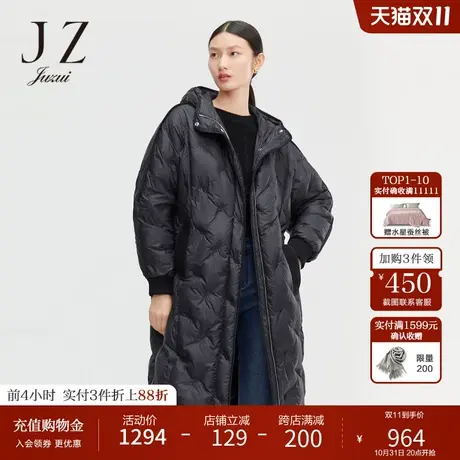 玖姿休闲中长连帽宽松时尚潮流黑色女羽绒服JUZUI-2021冬季新款图片