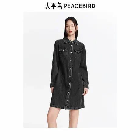 太平鸟女装长袖牛仔连衣裙秋新款闪钻水洗短裙时尚衬衫裙潮流图片