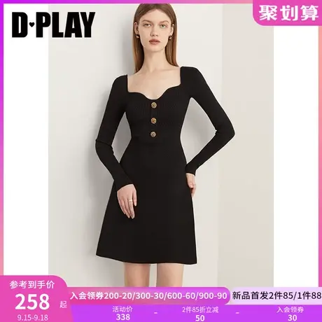 DPLAY2023秋装轻奢名媛黑波浪异形领重工金属扣针织连衣裙小黑裙图片