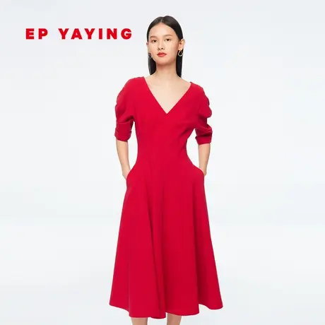 EP雅莹女装 复古红色中长款V领泡泡袖礼服连衣裙 商场同款4512A图片