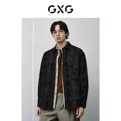 GXG男装 黑格水洗暗纹舒适经典时尚翻领长袖衬衫 2024春季新品图片