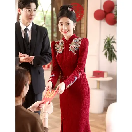 鱼尾敬酒服新娘2023新款冬季长袖高级感订婚礼服结婚回门中式修身图片