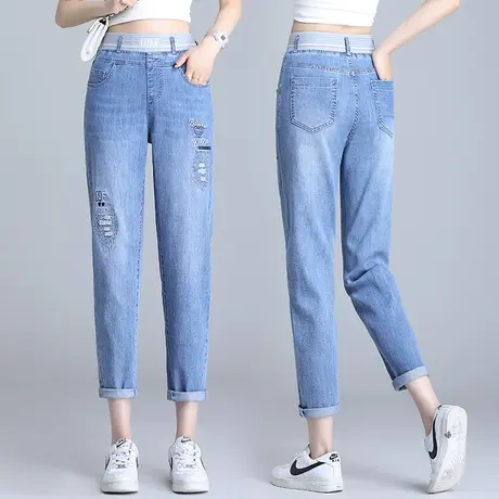 浅色破洞牛仔裤女夏季薄款2023年直筒休闲九分裤刺绣松紧腰老爹裤图片
