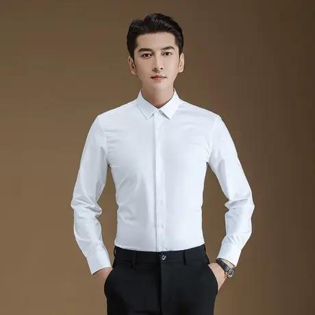 衬衫男士长袖商务休闲新款秋季修身寸衫韩版潮流细格纹白色衬衣图片