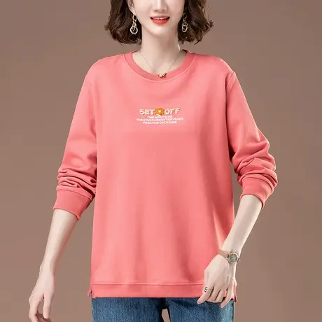 妈妈圆领卫衣女春秋薄款宽松加肥加大码女装中年休闲刺绣显瘦上衣图片