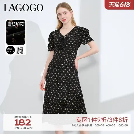 LAGOGO气质V领鱼尾碎花裙女拉谷谷夏新款黑色修身显瘦雪纺连衣裙图片