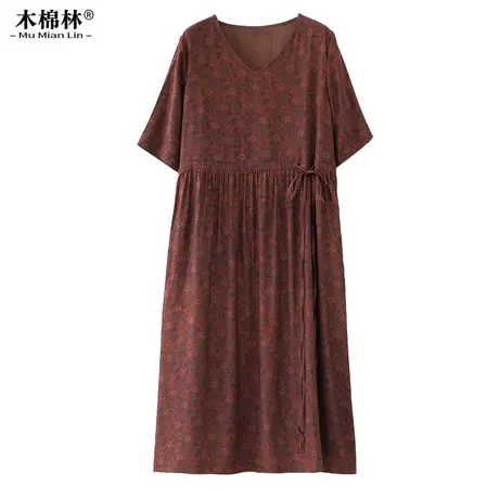 木棉林2024夏季大码女装连衣裙V领碎花设计感通勤宽松遮肚显瘦裙商品大图