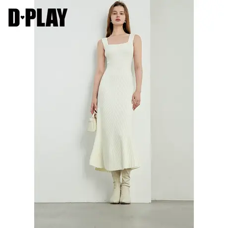 DPLAY冬白月光系列 法系奶油杏方领收腰修身鱼尾针织连衣裙图片