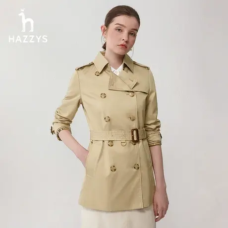 Hazzys哈吉斯经典短款双排扣风衣女士春季简约英伦风休闲通勤外套图片