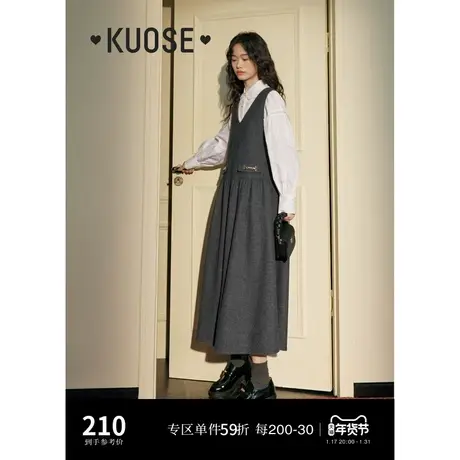 阔色深灰色背心连衣裙女2023秋冬季新款v领学院风背带西装裙子图片