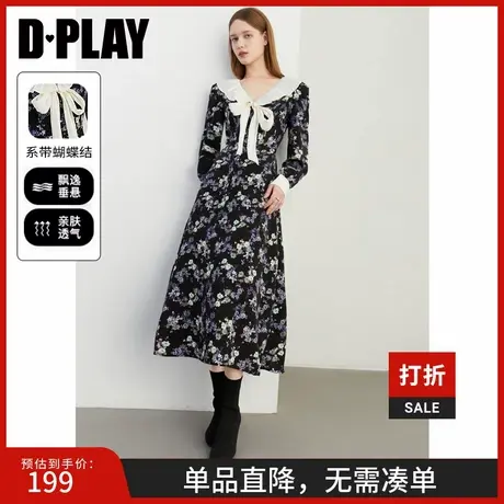 DPLAY秋季新款法式气质紫色印花蝴蝶结收腰长袖连衣裙长裙女图片