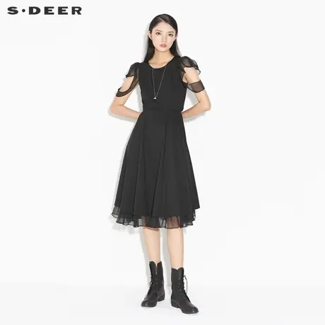 sdeer圣迪奥夏装圆领收腰雪纺拼接短袖连衣裙女S21261296图片