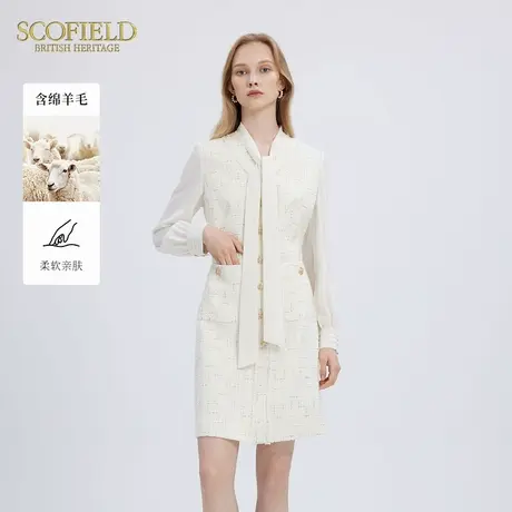 Scofield女装优雅小香风飘带领假两件收腰连衣裙冬季图片