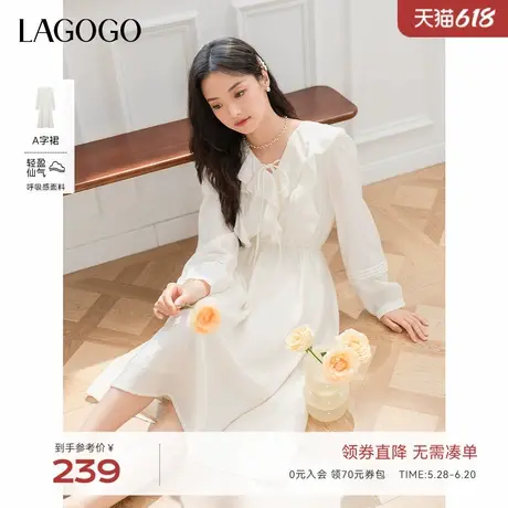 LAGOGO荷叶边温柔气质连衣裙女拉谷谷2025年春季新款泡泡袖A字裙图片