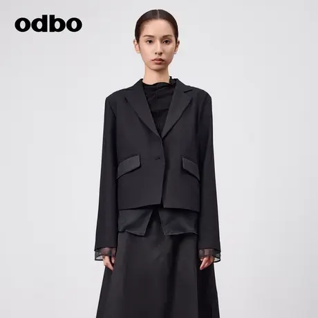 odbo/欧迪比欧休闲气质网纱拼接黑色小西装外套女春季2023新款图片