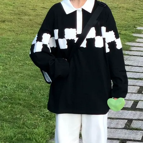 纯棉格子polo衫长袖t恤女ins潮牌春秋薄款设计感宽松oversize上衣图片
