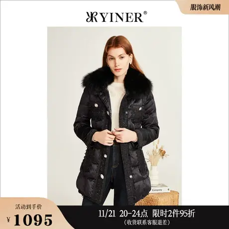 YINER音儿奥莱女装冬季狐狸毛领中长款收腰保暖白鸭绒羽绒服图片
