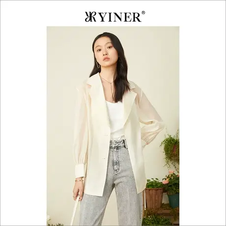 YINER音儿女装2022夏季雪纺系带收腰西装领短外套图片