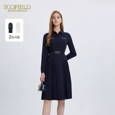 Scofield女装翻领收腰长袖褶皱连衣裙优雅中长裙子秋季裙子图片