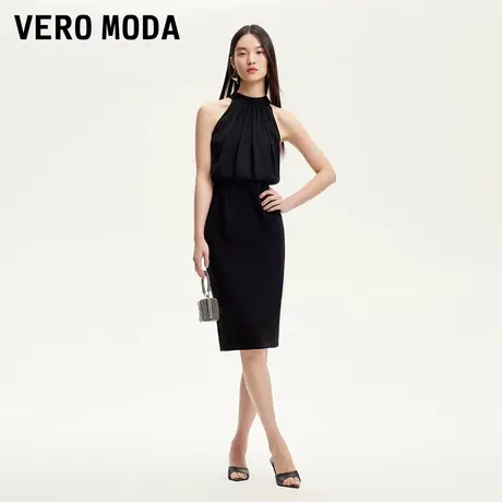 Vero Moda奥莱连衣裙2025夏季新款挂脖系带褶皱雪纺拼接优雅女人图片