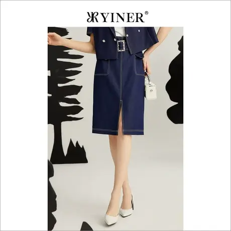 YINER音儿专柜女装夏季新款时尚通勤撞色缝线开衩牛仔半身裙图片