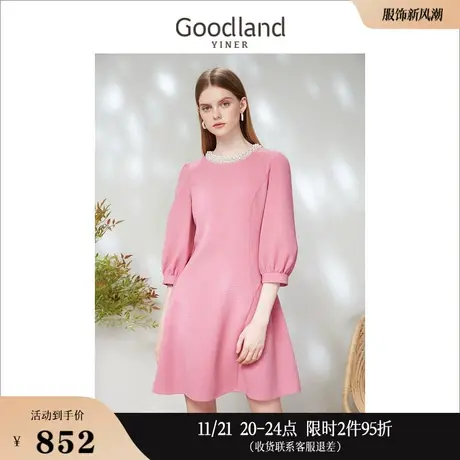 Goodland美地女装2023春季钉珠装饰拼接七分灯笼袖收腰连衣裙图片