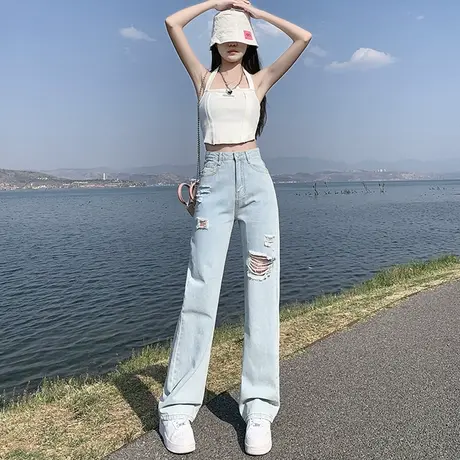 破洞牛仔裤女秋季爆款2023新款直筒宽松高腰显瘦阔腿裤高街潮ins图片