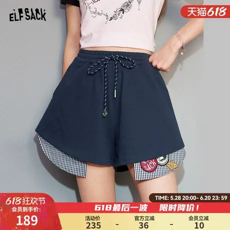 妖精的口袋格纹拼接高腰休闲短裤女2025年夏季新款设计感显瘦裤子图片