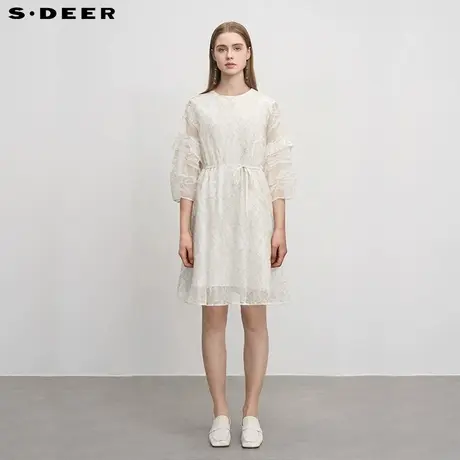 sdeer圣迪奥女装圆领绣花碎褶网纱宽松连衣裙S242Z1205图片