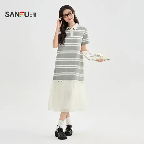 三福连衣裙2025夏季网纱拼接下摆翻领条纹宽松裙子女装506628图片