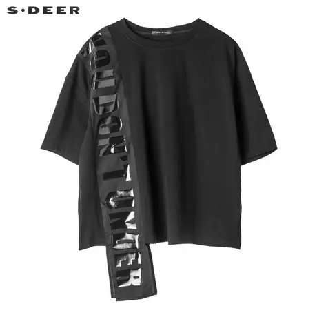 sdeer 圣迪奥 女装简约纯黑圆领拼接字母短袖T恤S18280110图片