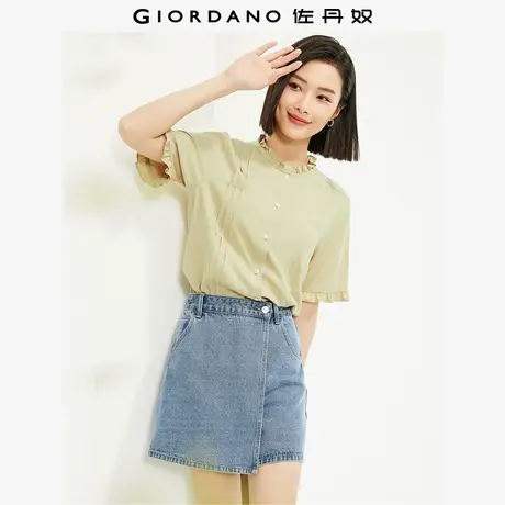 佐丹奴衬衫女装莫代尔梭织木耳边压褶圆领短袖衬衫 13344203图片