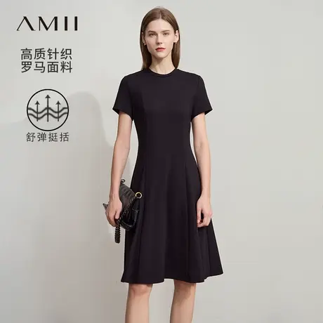 Amii2025夏新款休闲百搭圆领短袖连衣裙女修身收腰显瘦弹力裙子图片