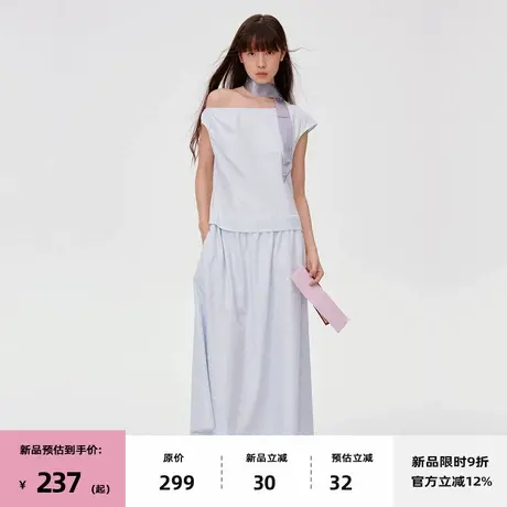 【7/08 20点新品9折】omont蛋挞家气质设计感斜肩格纹长款连衣裙图片