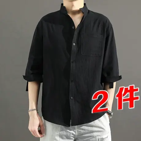 亚麻衬衫男短袖中国风棉麻七分宽松大码胖子立领痞帅韩版潮流衬衣商品大图