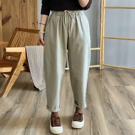 dza 复古纯棉休闲加绒长裤女秋冬工装直筒裤宽松阔腿加厚哈伦裤子图片