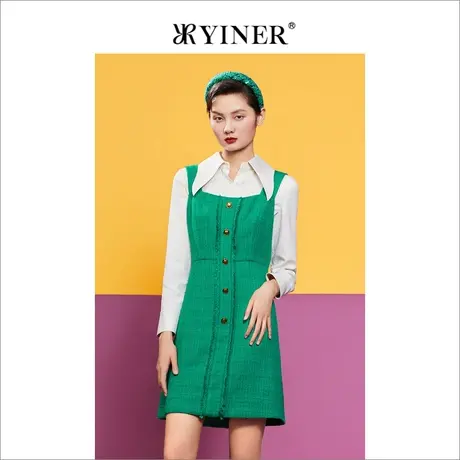 YINER音儿女装秋季小香风针织裙方领粗花呢连衣裙图片