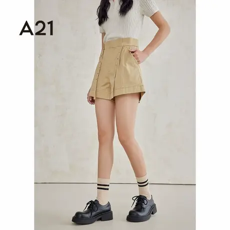A21女装宽松短裤夏季新款纯棉设计感排扣薄款休闲三分裤图片